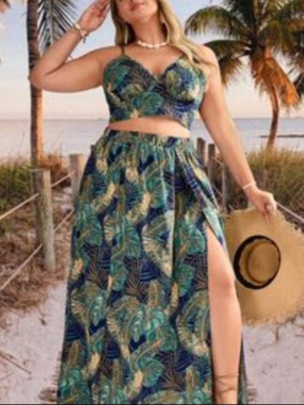 Tropical Leaf Navy Maxi Skirt Set- Women's Summer Beach Skirt Set Sz 4x